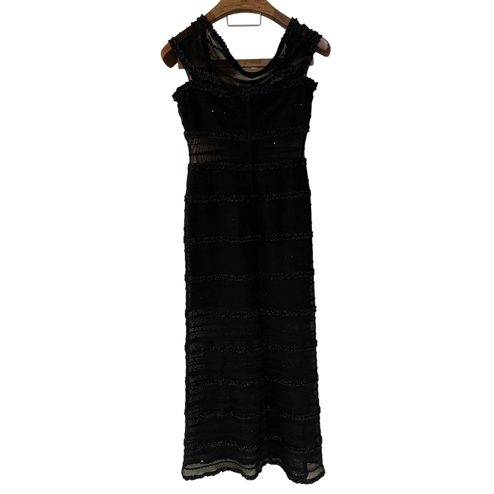 Tadashi Black Beaded Ruffle Tiered Sheer Mesh Bands Maxi Formal Dress Y2K Prom S - Picture 9 of 15